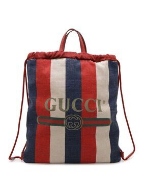 Gucci Print Tricolor Drawstring Backpack Canvas Leather Red Blue